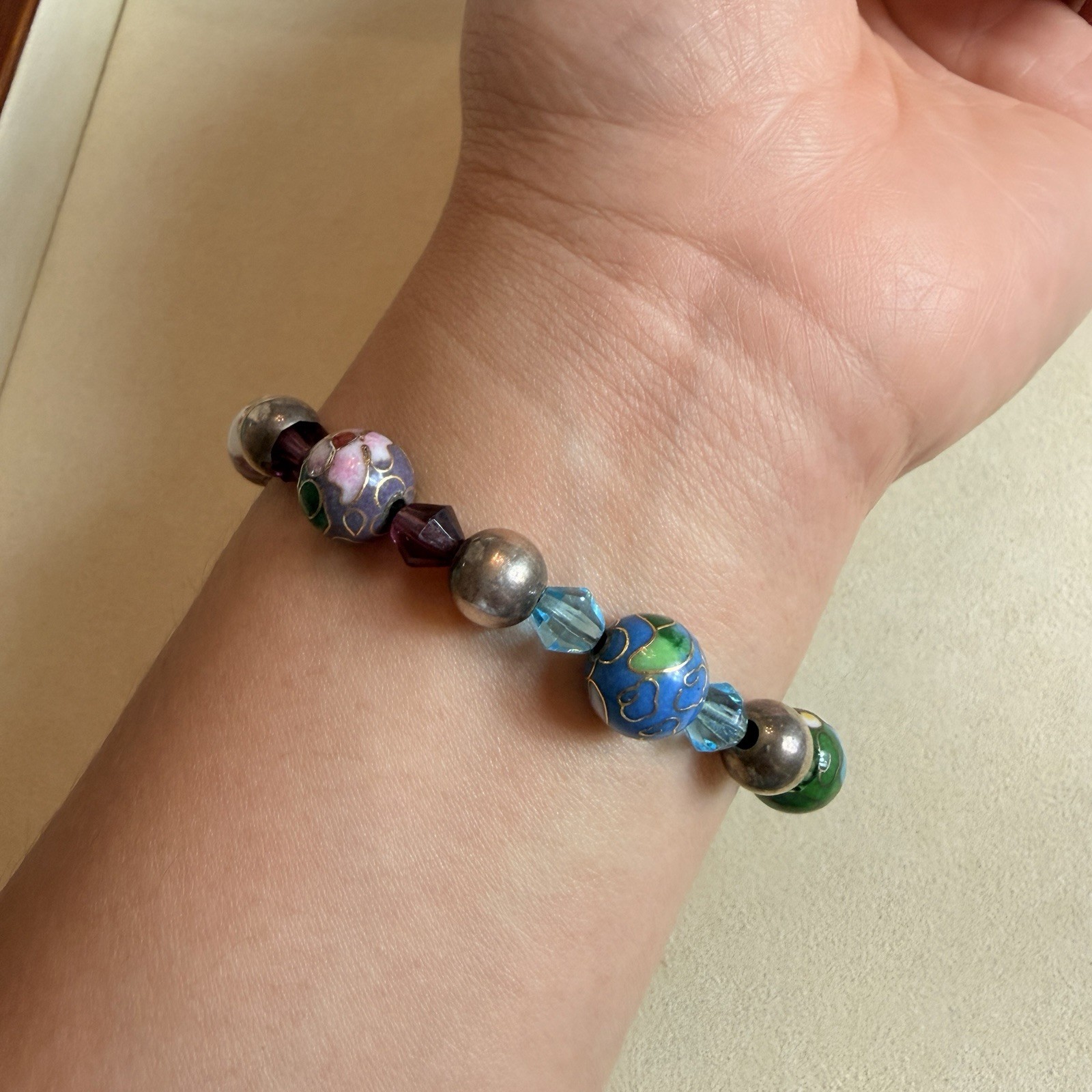 Vintage Cloisonne Bead Bracelet 925 Sterling Silver Toggle Floral Enamel 6.5”