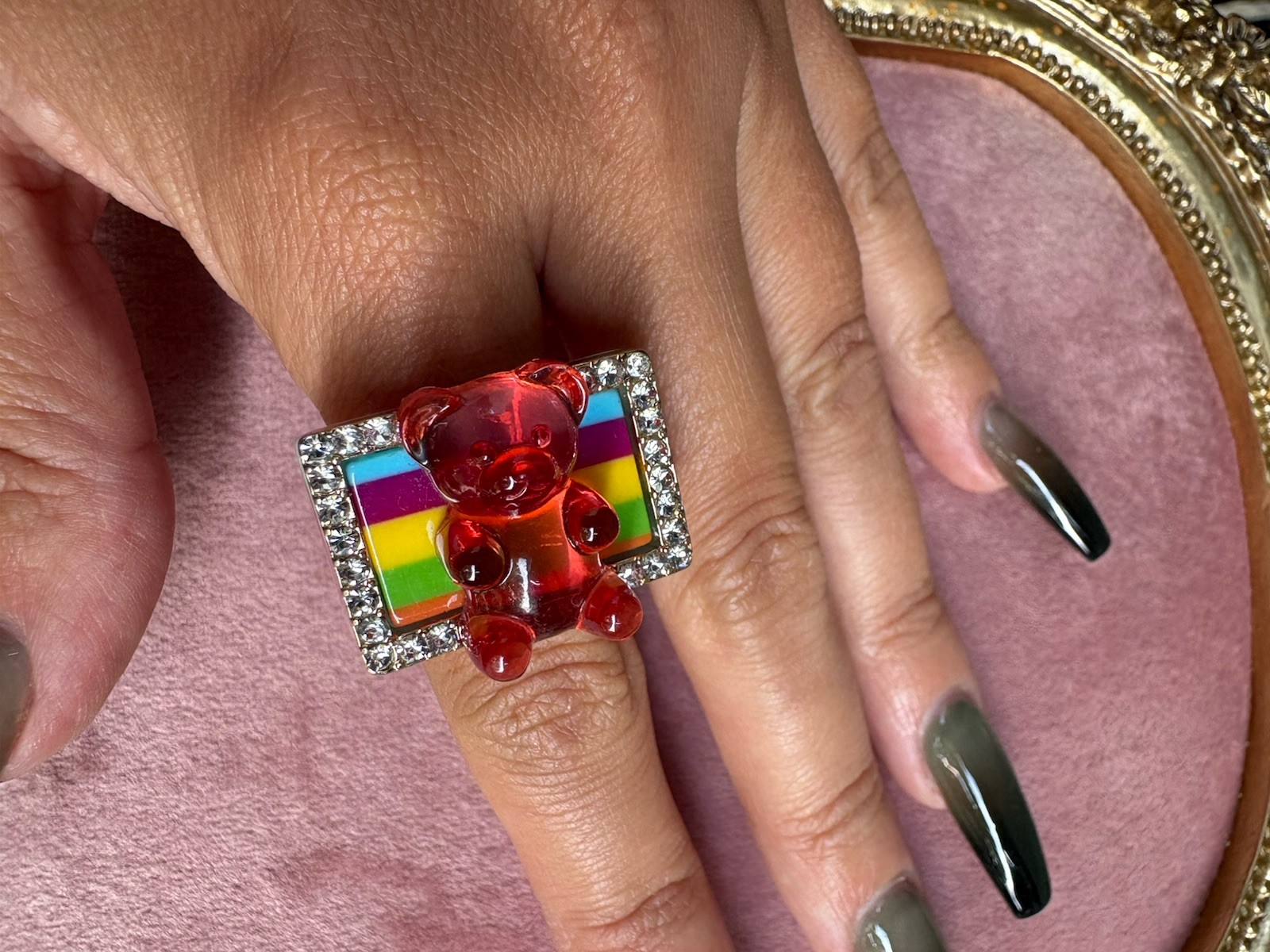 Betsey Johnson Lucite Red Gummy Bear Rainbow Striped Candy Ring VERY RARE