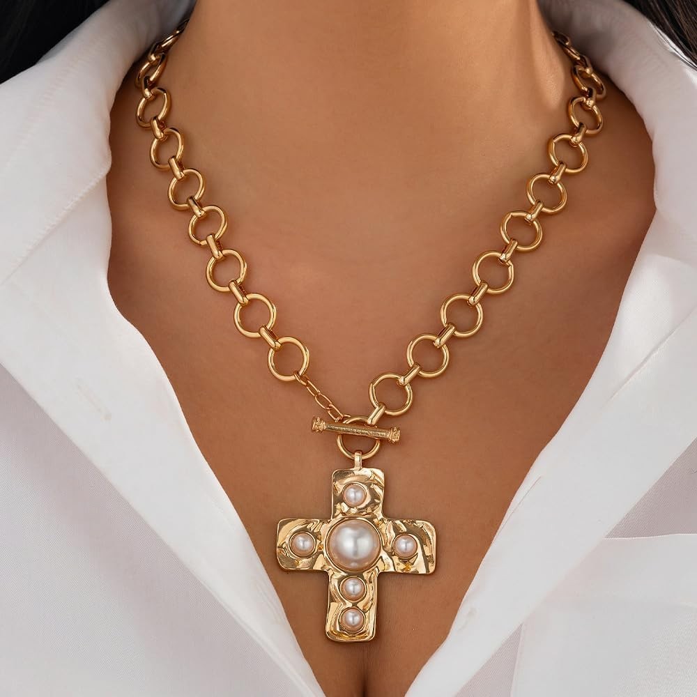 GIGB PBDK Chunky Gold Cross Necklace for Women,Vintage Statement Layered Necklac
