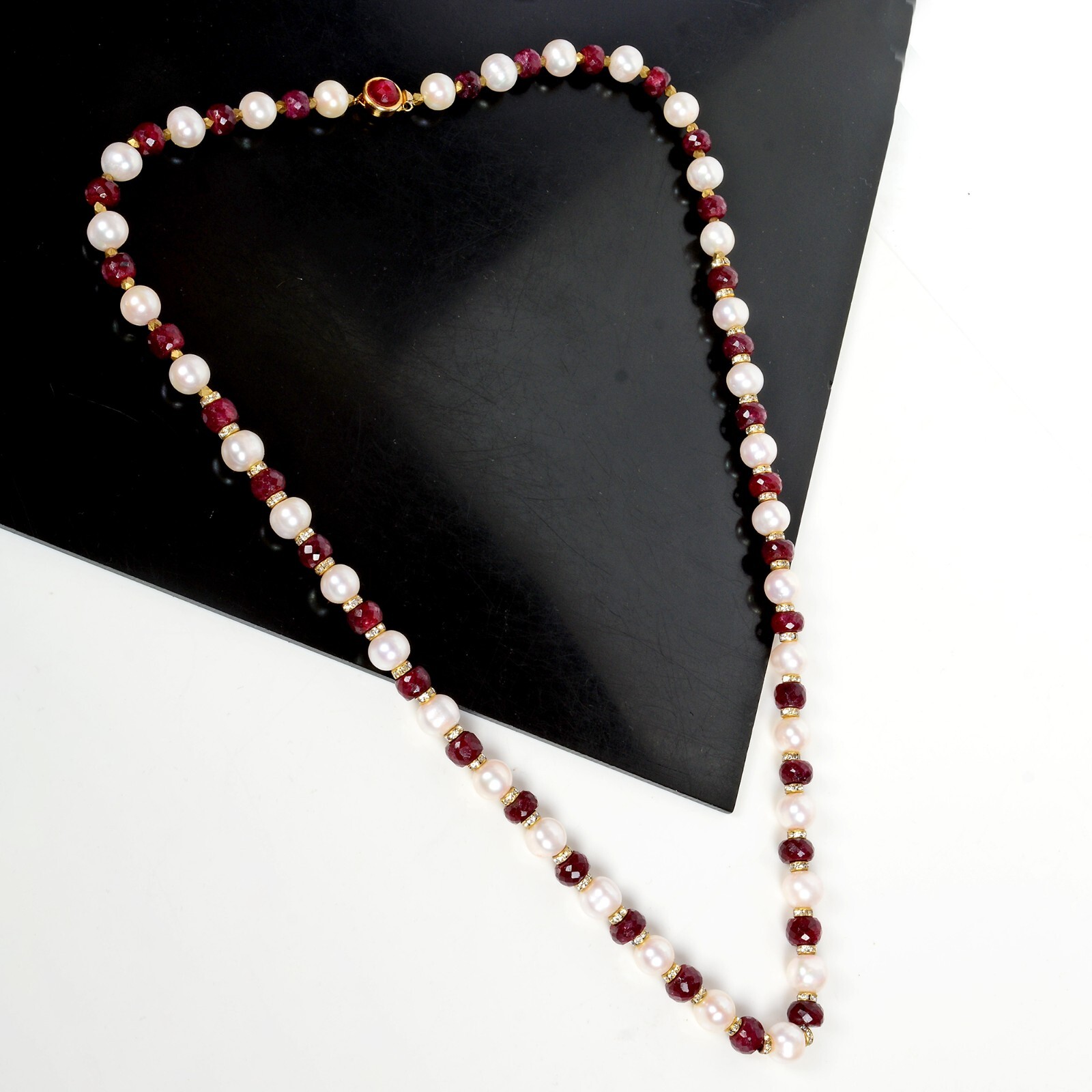 500 Ct Natural Ruby Freshwater Pearl Beaded Handmade Single Strand Necklace 28″