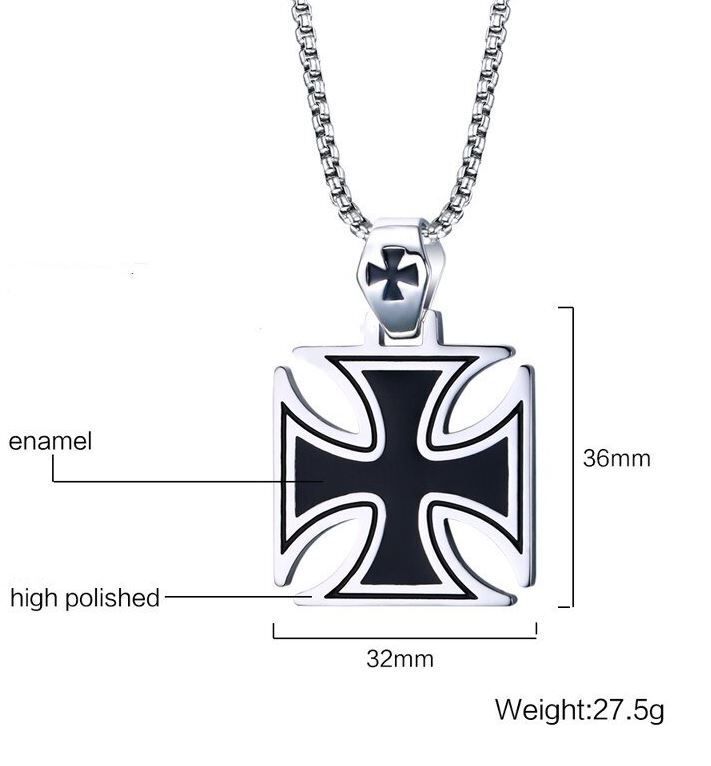 New MALTESE CROSS IRON CROSS BLACK Knight Enamel PENDANT NECKLACE Metal