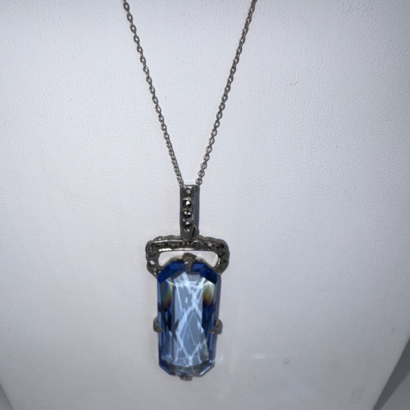 Vintage Blue Spinel Glass Emerald Cut Rectangle Pendant 16″ Silver Chain