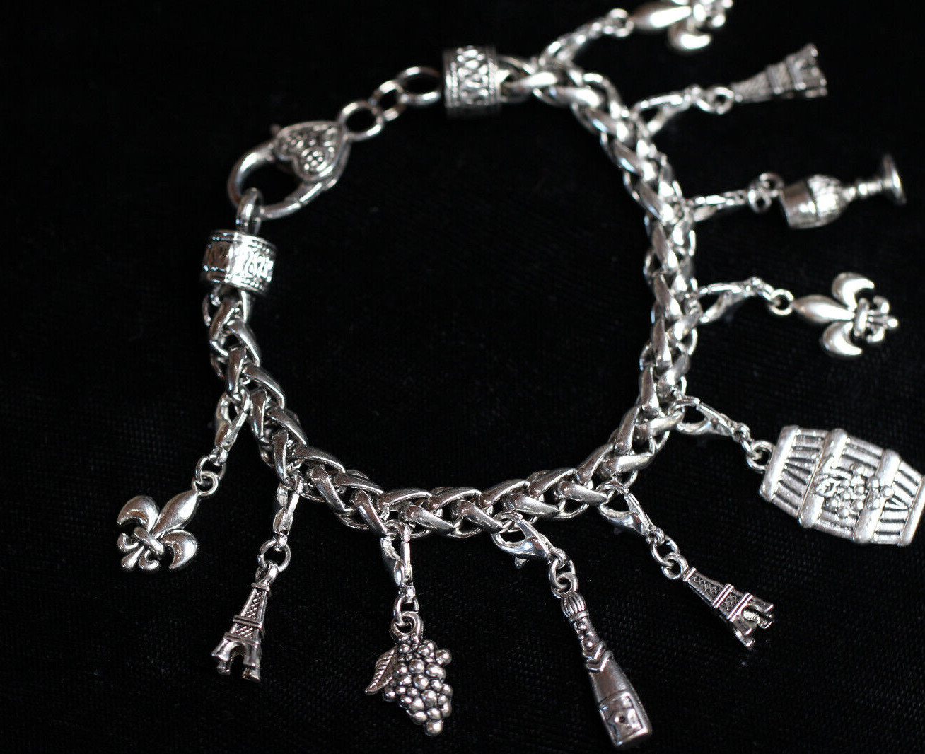 Paris Wine Lover Charm Bracelet Silver Pewter Charms 8″ Interchangeable Eiffel