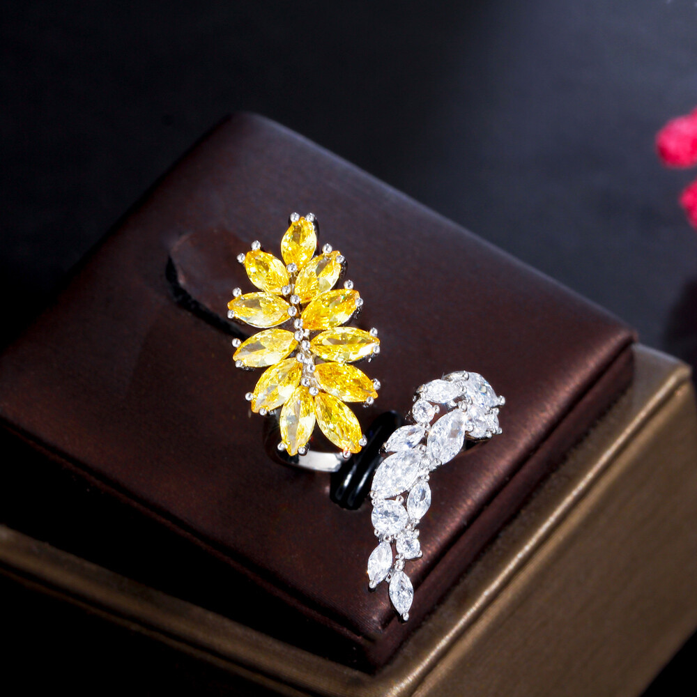 Marquise Silver Plated Yellow Cubic Zirconia Leaf Adjustable Open Cuff Wrap Ring