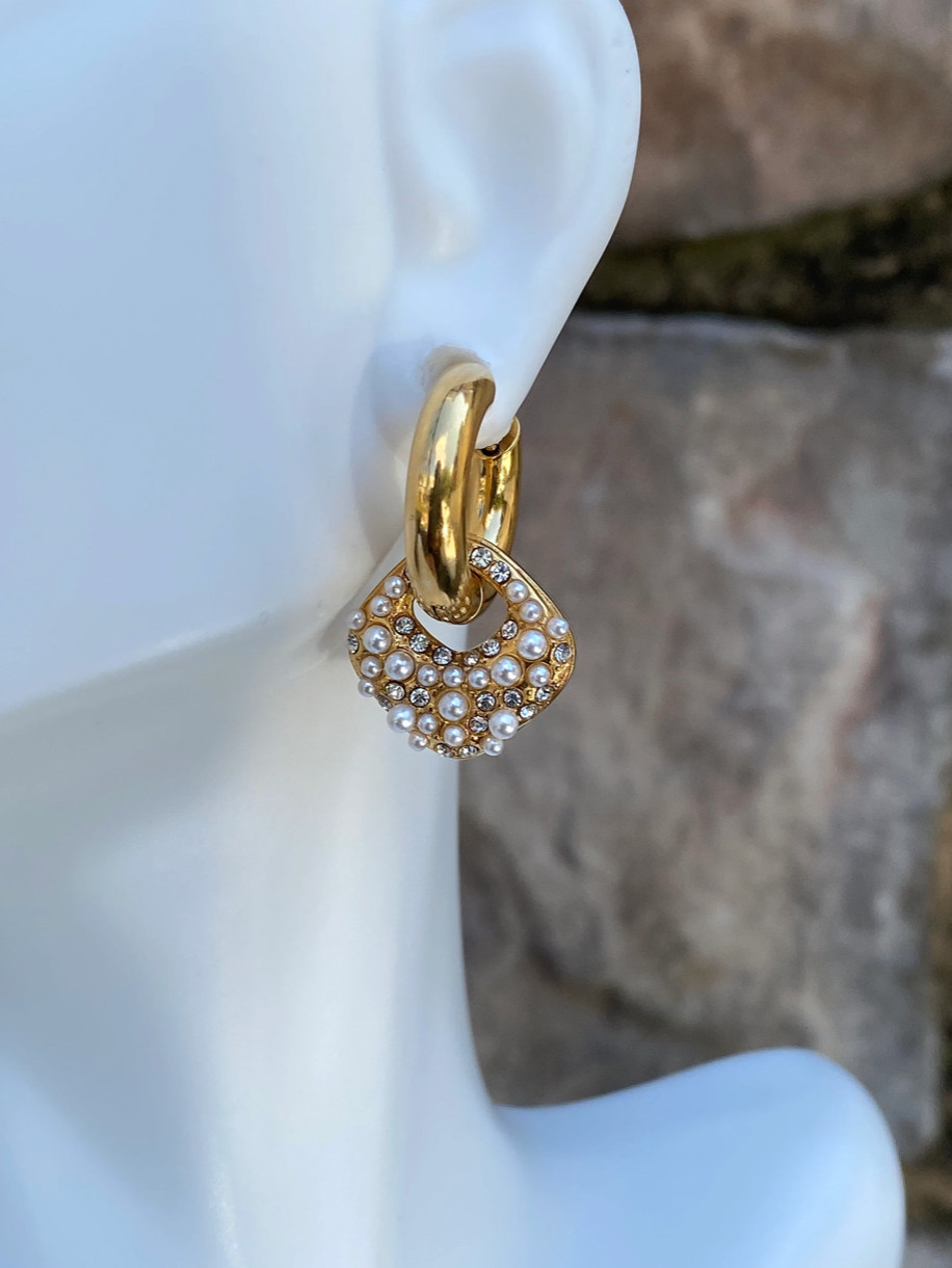 Gold Plated Stainless Steel CZ Pearl Dangle Drop Sparkle Earrings
