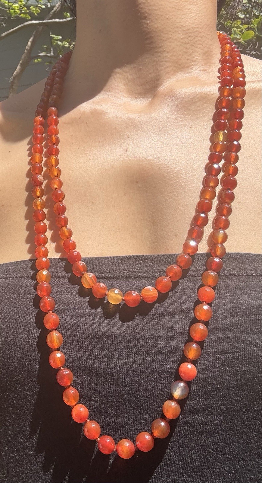 Orange Carnelian Round Bead Statement Necklace, Ball/Bead Chain, Long Strand
