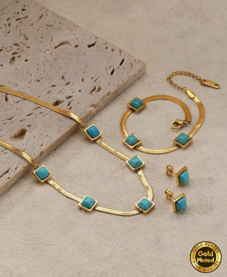 Natural Turquoise Necklace Bracelet Earring Set 18K Gold Plated Stainless Steel