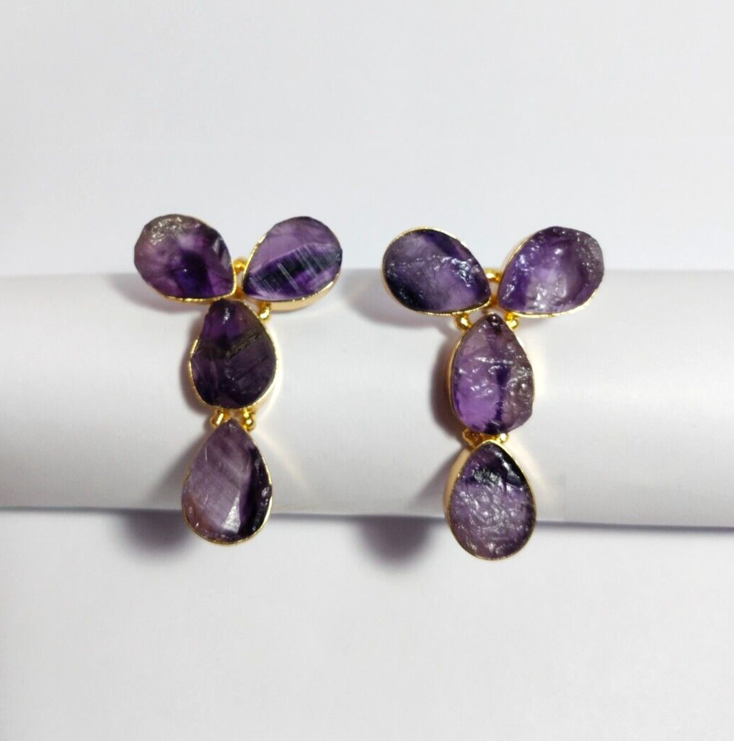 Natural Multi Color Stone Rough Earrings Gold Plated Earrings Birthstone Earring