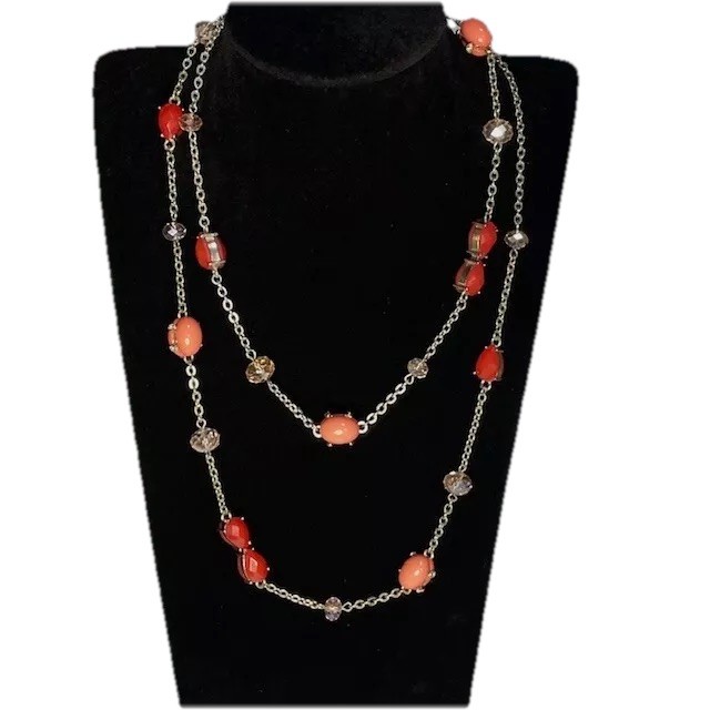 White House Black Market 40″ Gold Tone Station Necklace Chain Glass Beads