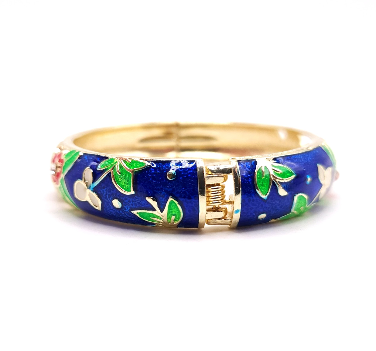 18K Gold Plated Floral Enamel Bangle Blue Red Green White Rhinestone Bracelet