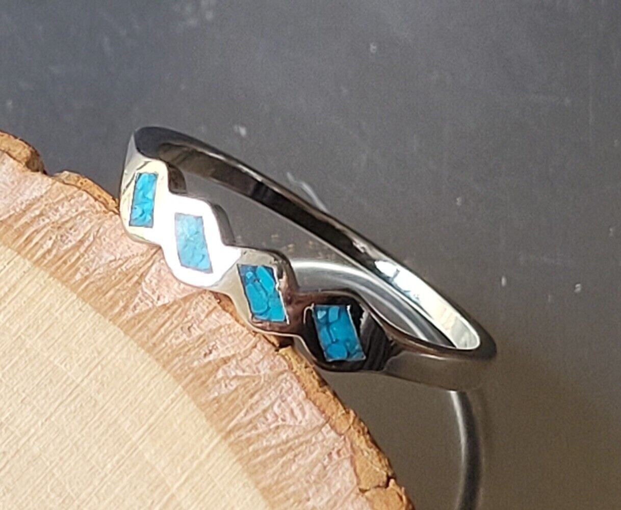 Silver Plated Genuine Turquoise Chip Inlay Ring Southwest 4 Squares Band Ring