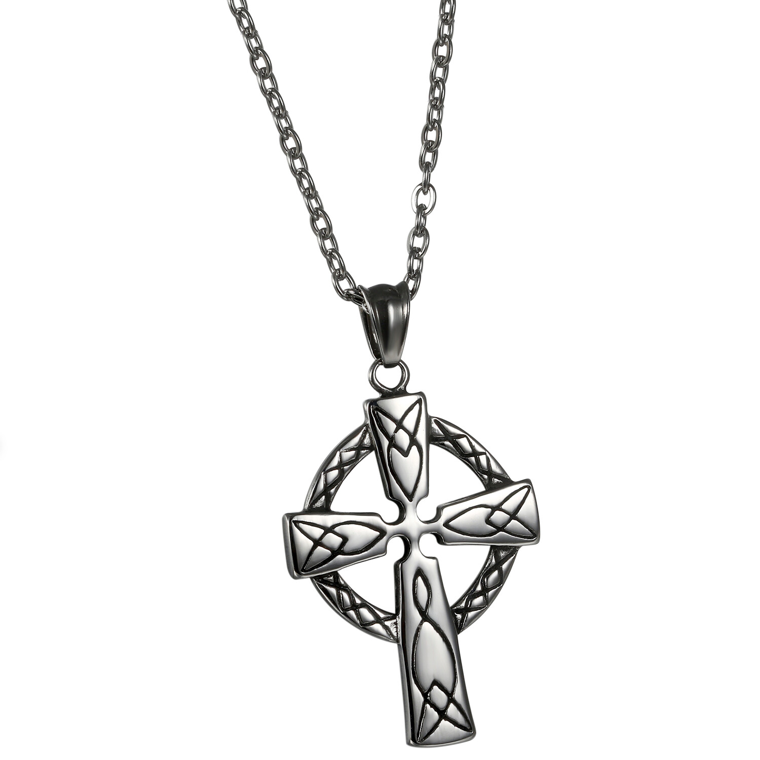 Vintage Men’s Stainless Steel Irish Celtic Knot Cross Pendant Necklace 22”
