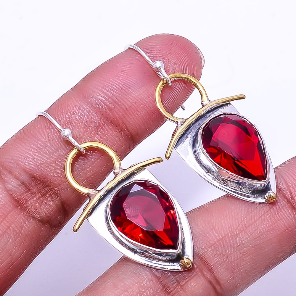 Red Garnet 925 Sterling Silver Two Tone Earring 1.76″ E103, Christmas Gift