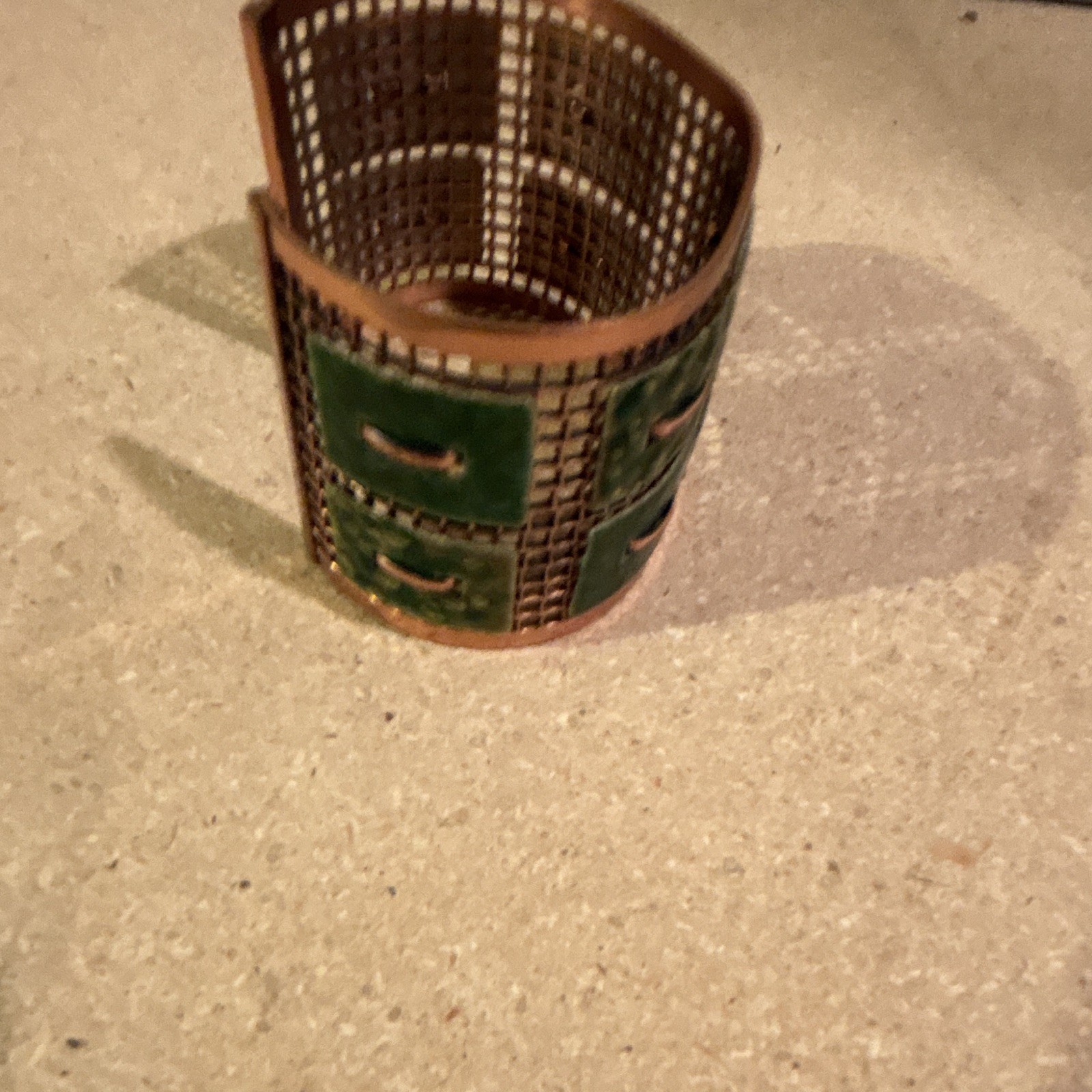 vintage Matisse Renoir copper cuff bracelet featuring vibrant green enamel