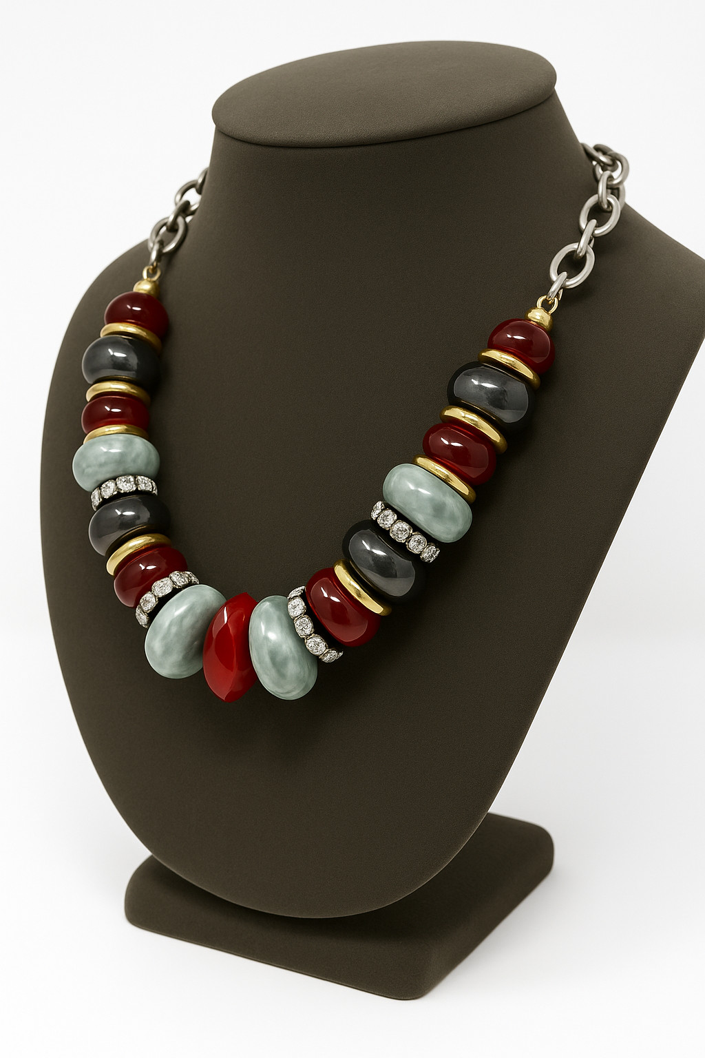 Statement Bib Necklace Red Gray Gold Resin Beads Rhinestone Silver Chain 20-22″