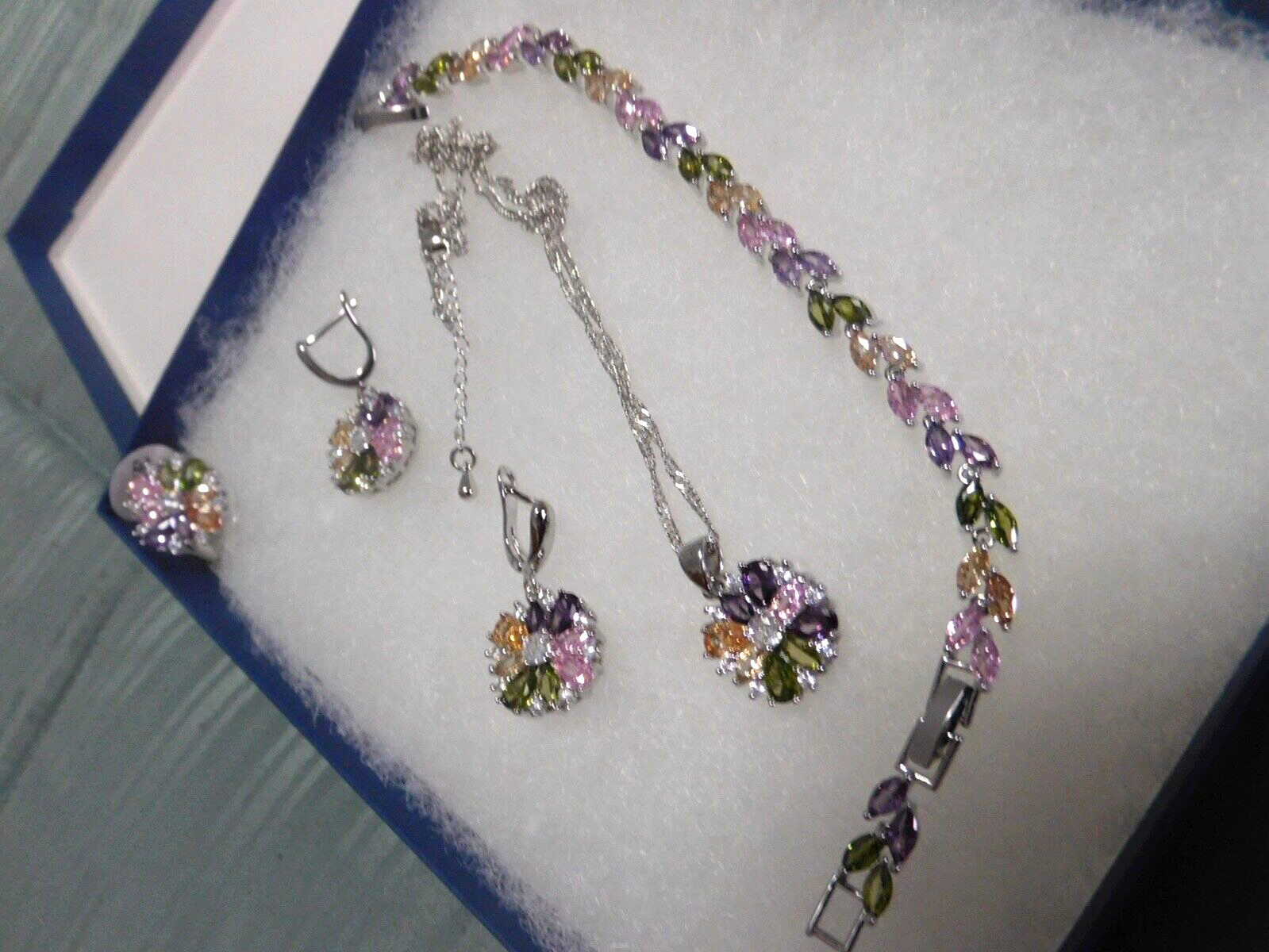 New 5 Piece Necklace Earrings Bracelet Ring Multi-Color Zircons 925 Wedding Set