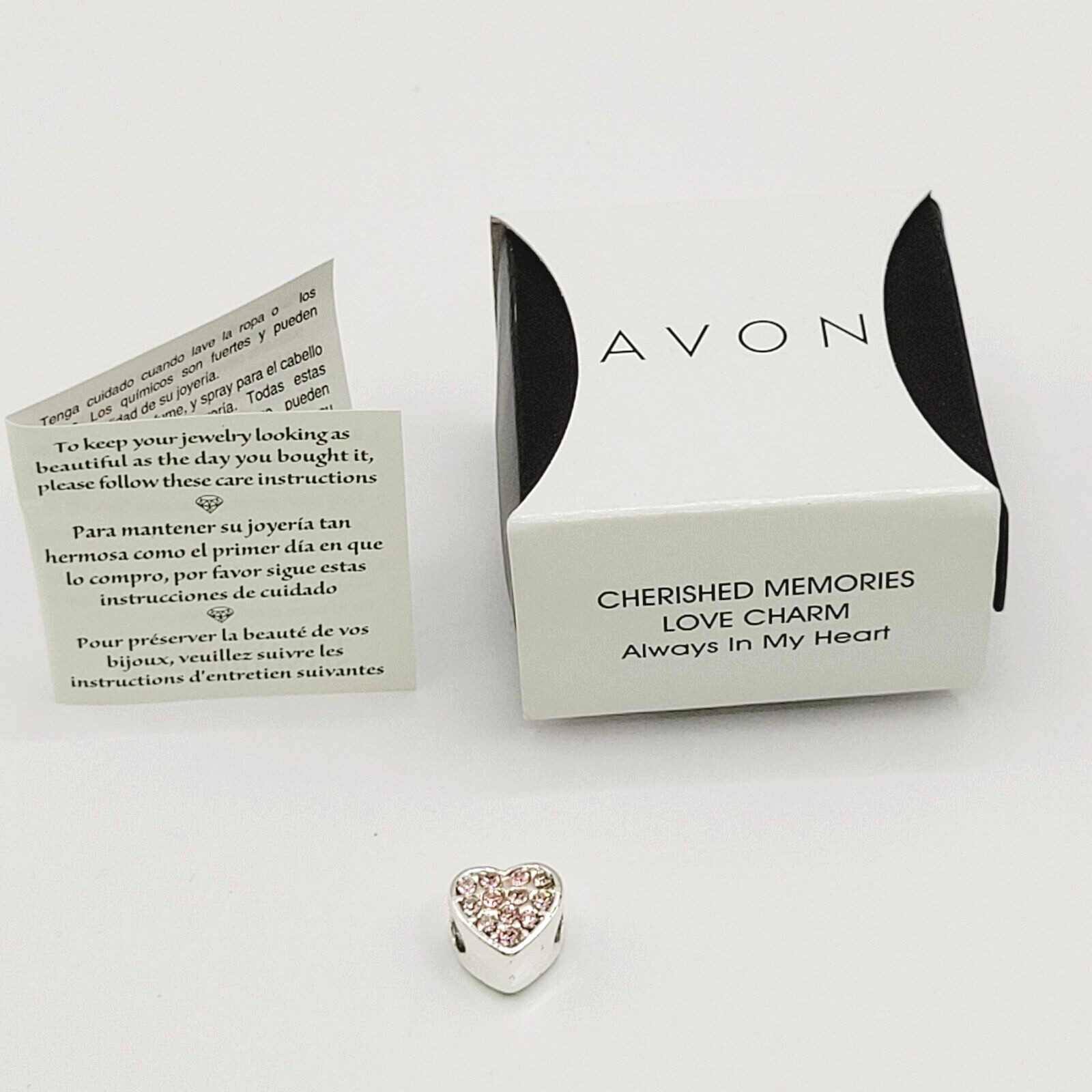 Avon Always in My Heart Pink Rhinestone Silver Tone Charm Cherished Memories