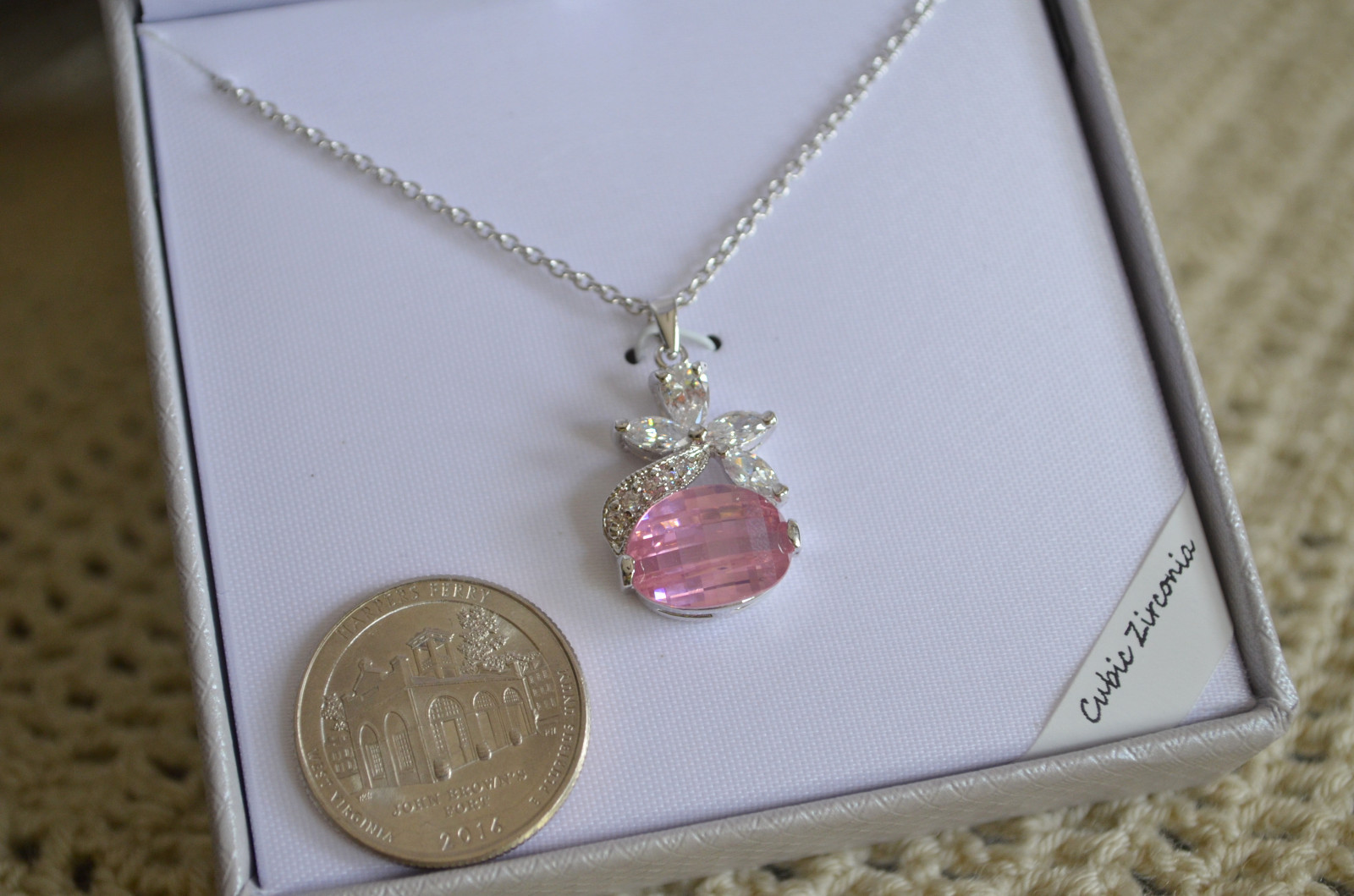 Pink Oval & Clear White CZ Pendant Silver Plated Necklace Gift Box
