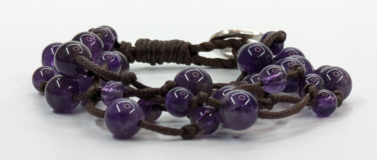 Purple Amethyst Stone Beaded Multi Strand Sterling Silver 925 LA Signed Bracelet
