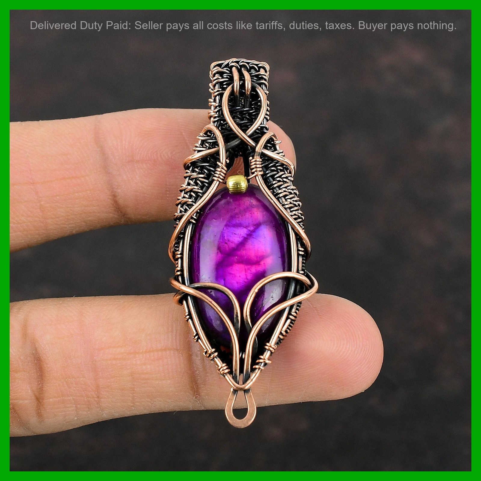 Oval Natural Pink Fire Labradorite Copper Wire Wrapped Third Eye Chakra Pendant
