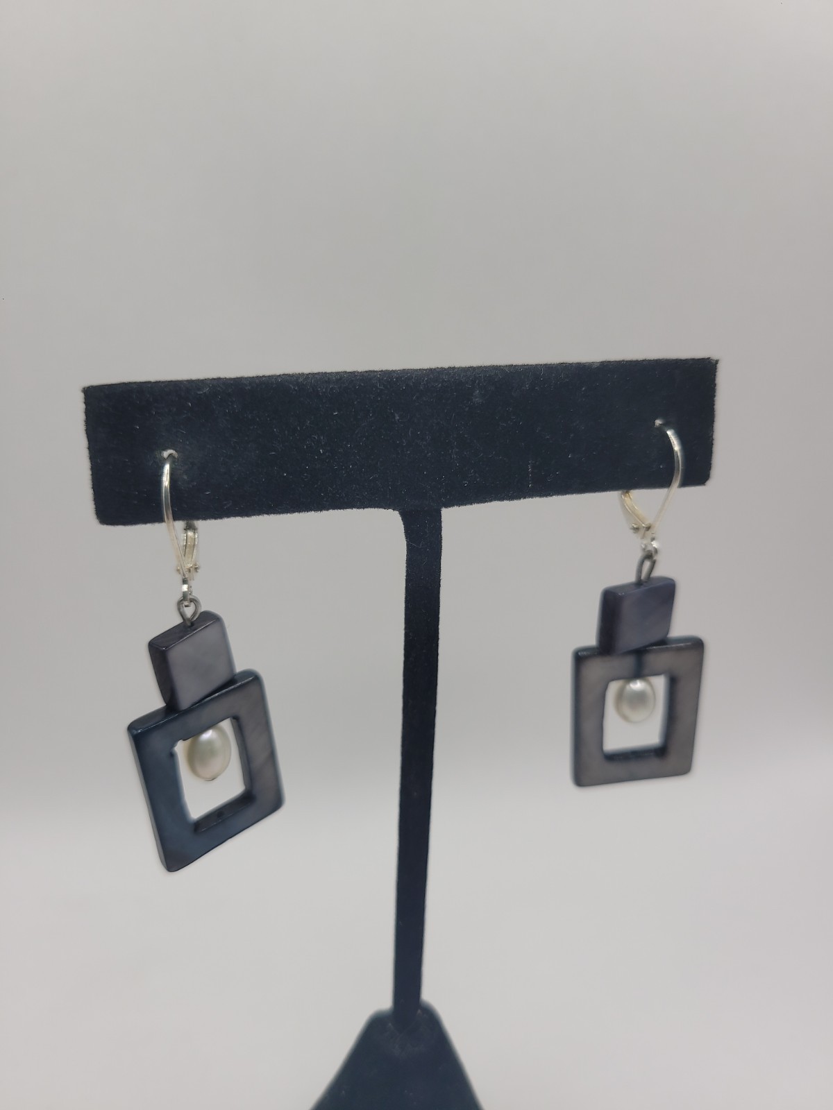 Geometric Gray Blue White Dangle Earrings Silver Tone Rectangle Drop Earrings