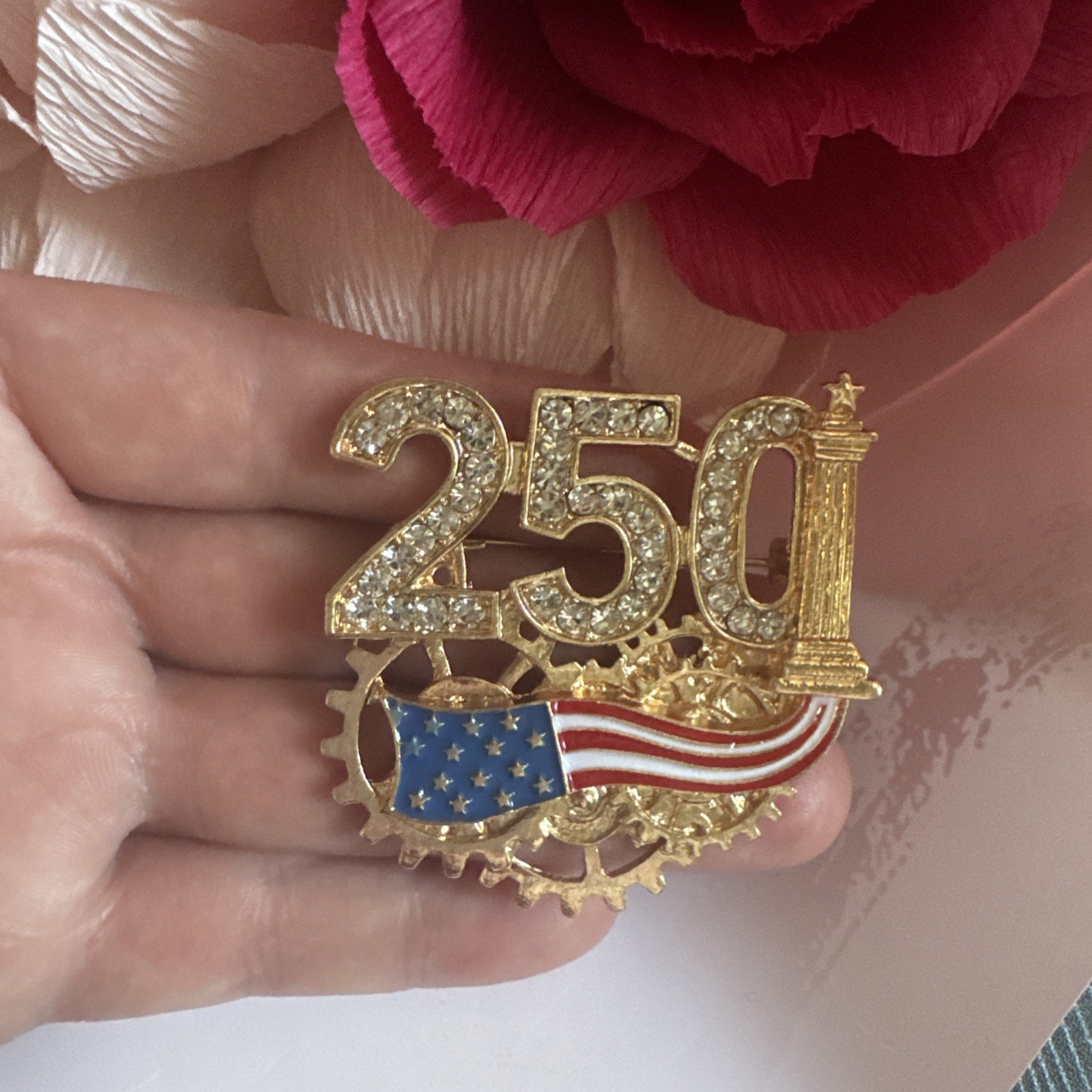 USA Flag Brooch Enamel Rhinestone Independence Day 250 Year Anniversary Pin