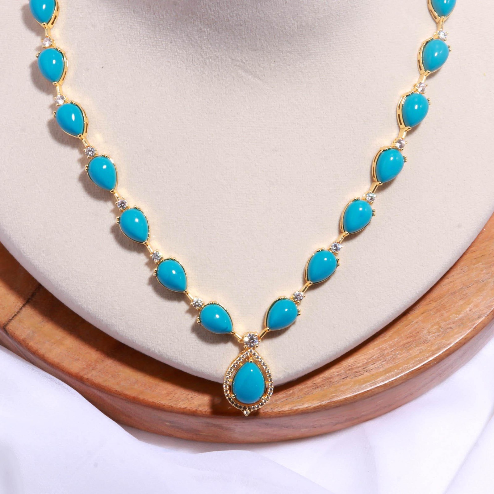 22K Gold Plated Brass Turquoise Teardrop CZ Necklace Earring Set Women Gift