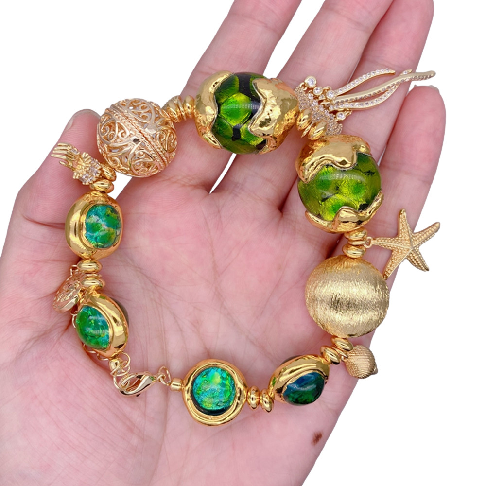 Green Murano Glass White Pearl Gold Plated Charm Beaded Bracelet Handmade