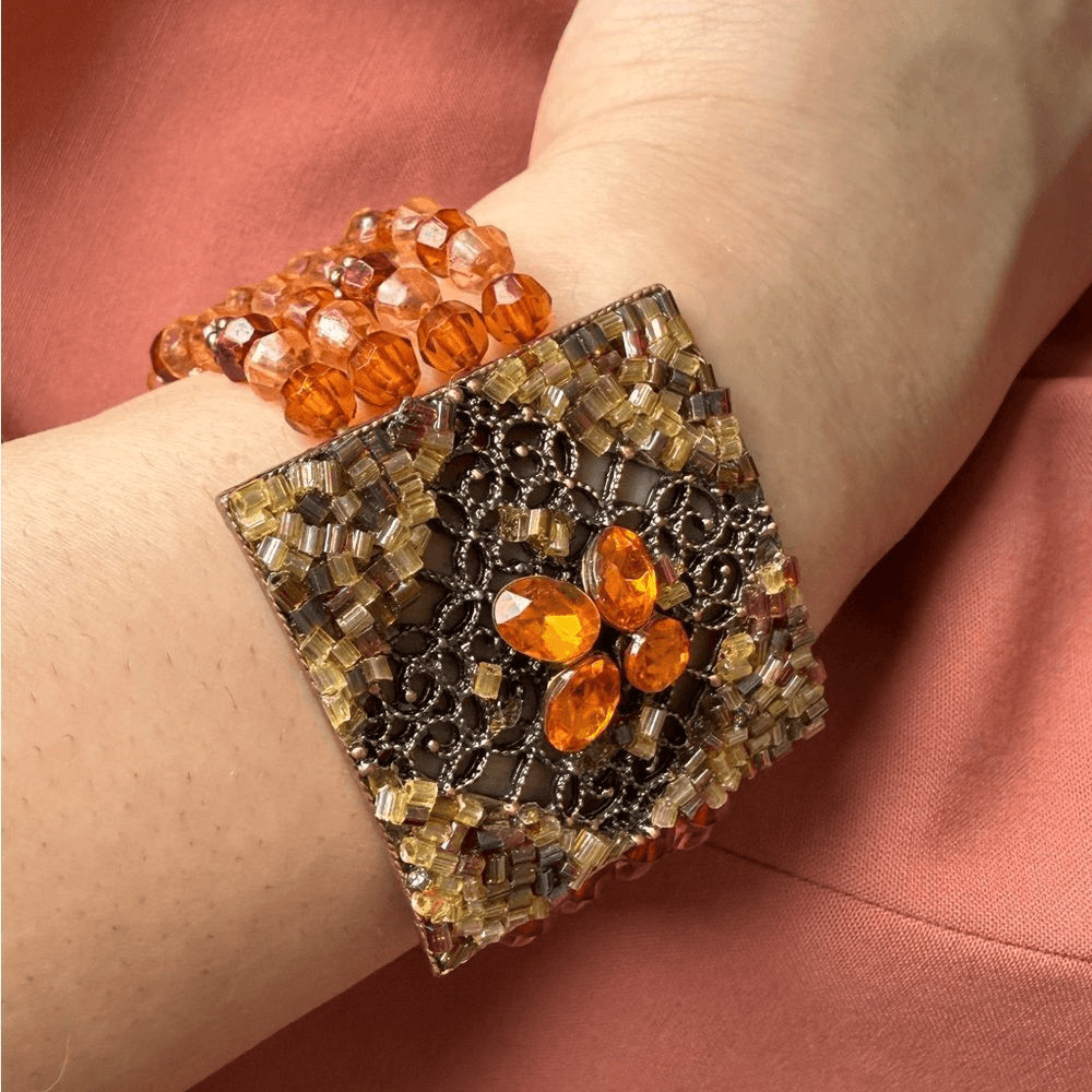 Y2K Multi-stranded Bracelet with a faux Amber Glass, Gems Statement Pendant