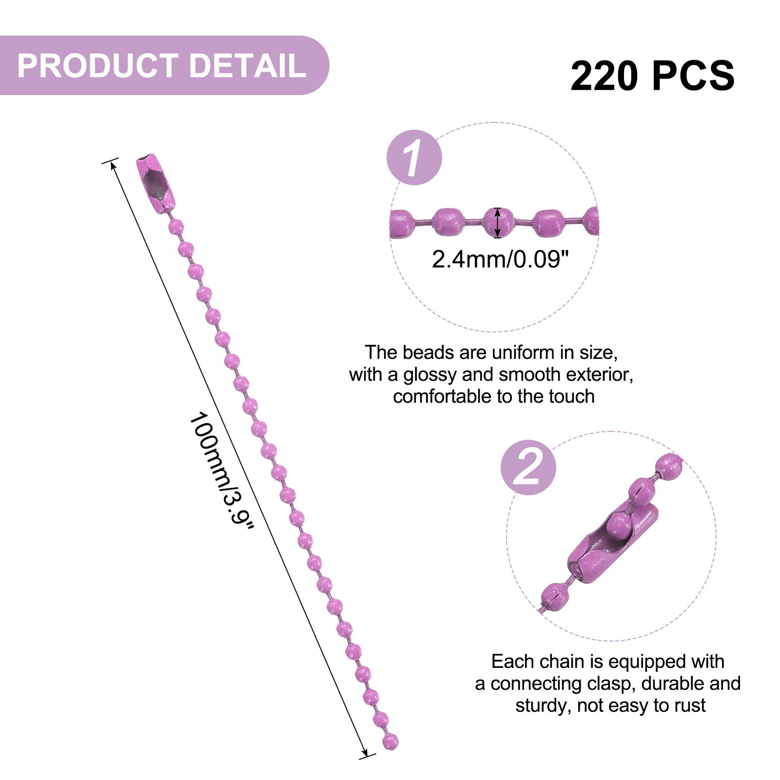 220pcs 100mm Metal Ball Bead Chain Clasp Purple