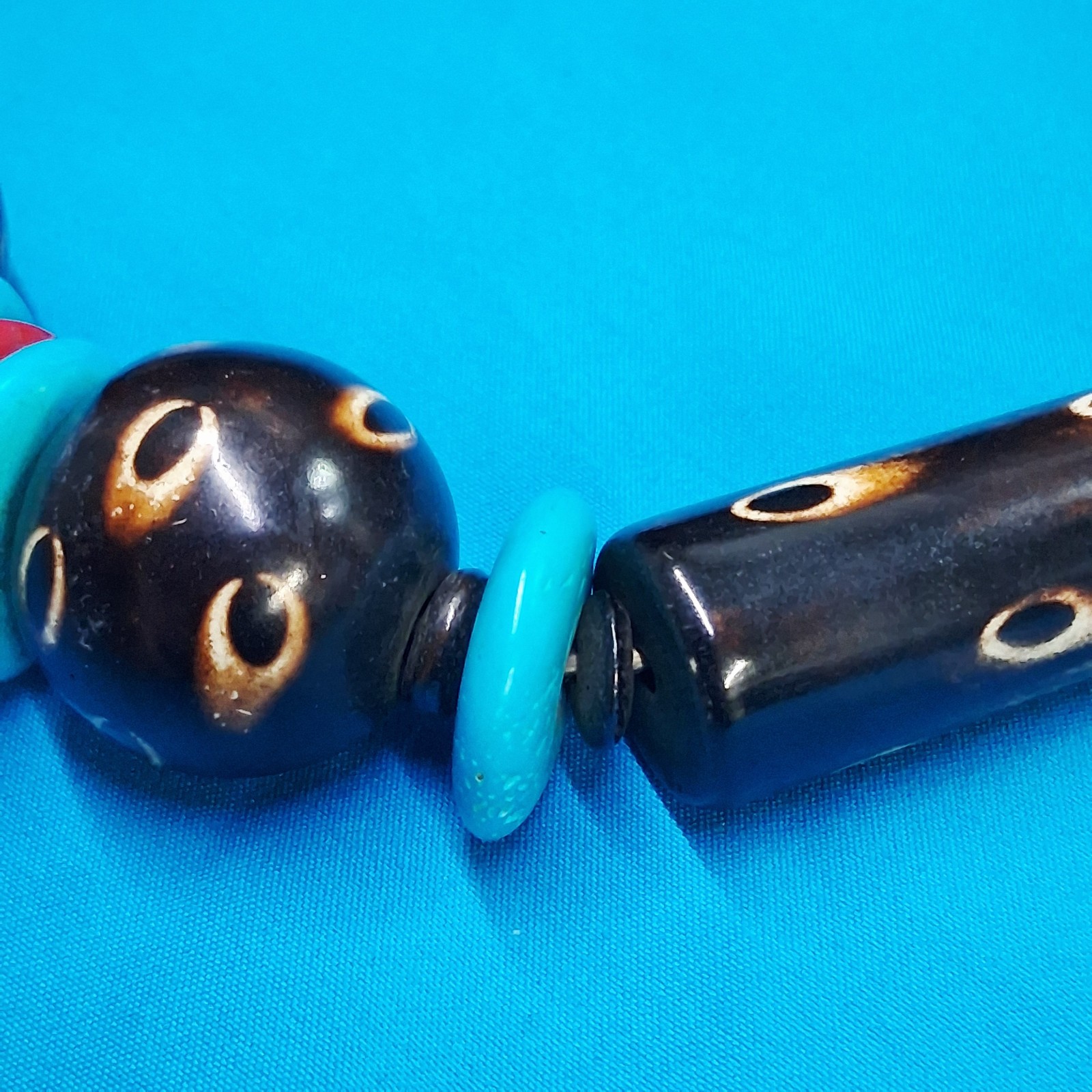 Vintage Channel Set Wood Bead Dotted Design Statement Necklace