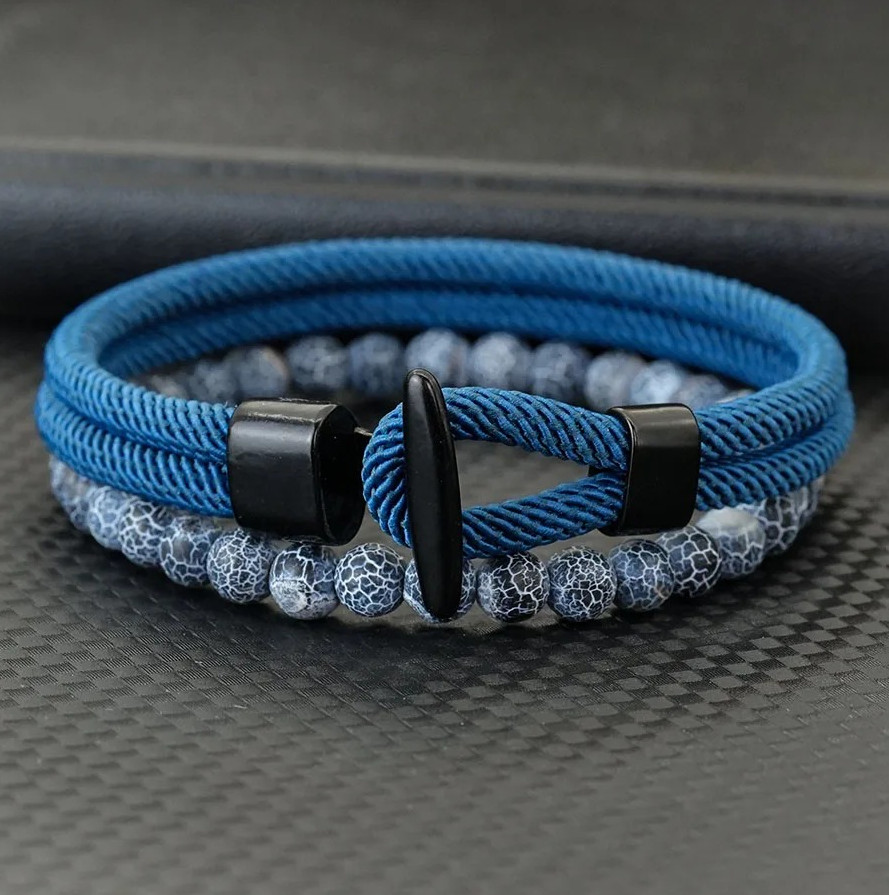 2PCS Men’s Beaded Rope Bracelet Set Tiger Eye & Malachite Stone Handmade Jewelry