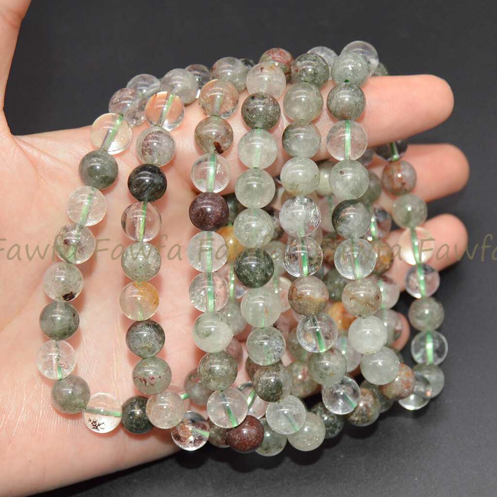 6 Pcs 8mm Green Phantom Ghost Quartz Crystal Round Gems Beads Elastic Bracelet