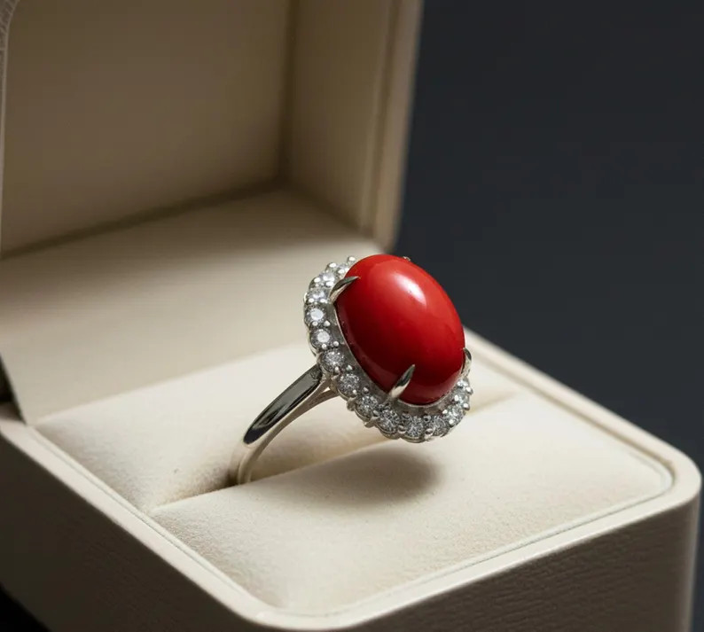 Red Coral Ring, Brass Gold Alloy , Birthday Gift Her, Women Ring