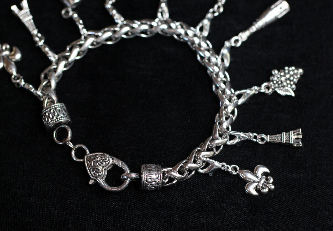 Paris Wine Lover Charm Bracelet Silver Pewter Charms 8″ Interchangeable Eiffel