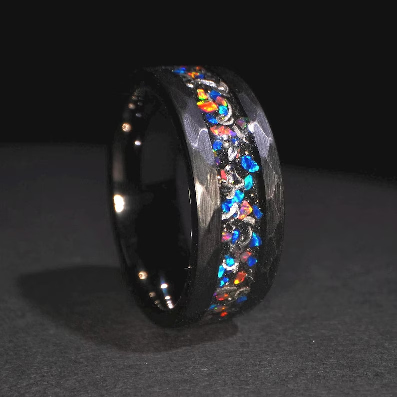 8mm Meteorite & Galaxy Opal Hammered Black Tungsten Men’s Ring Wedding Band