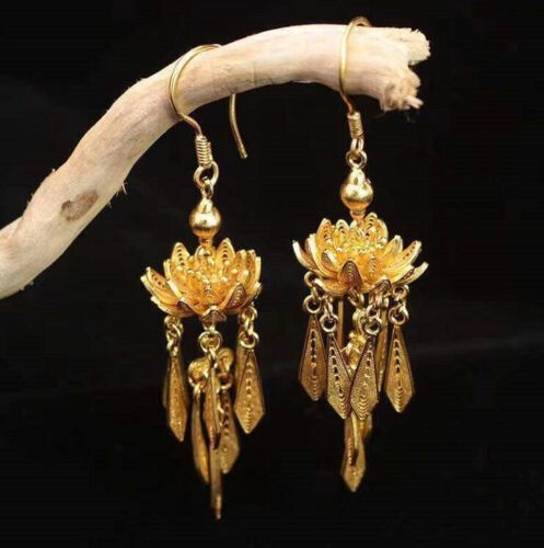 ancient lotus fringe 22K 23K 24K THAI BAHT YELLOW GP GOLD Earrings