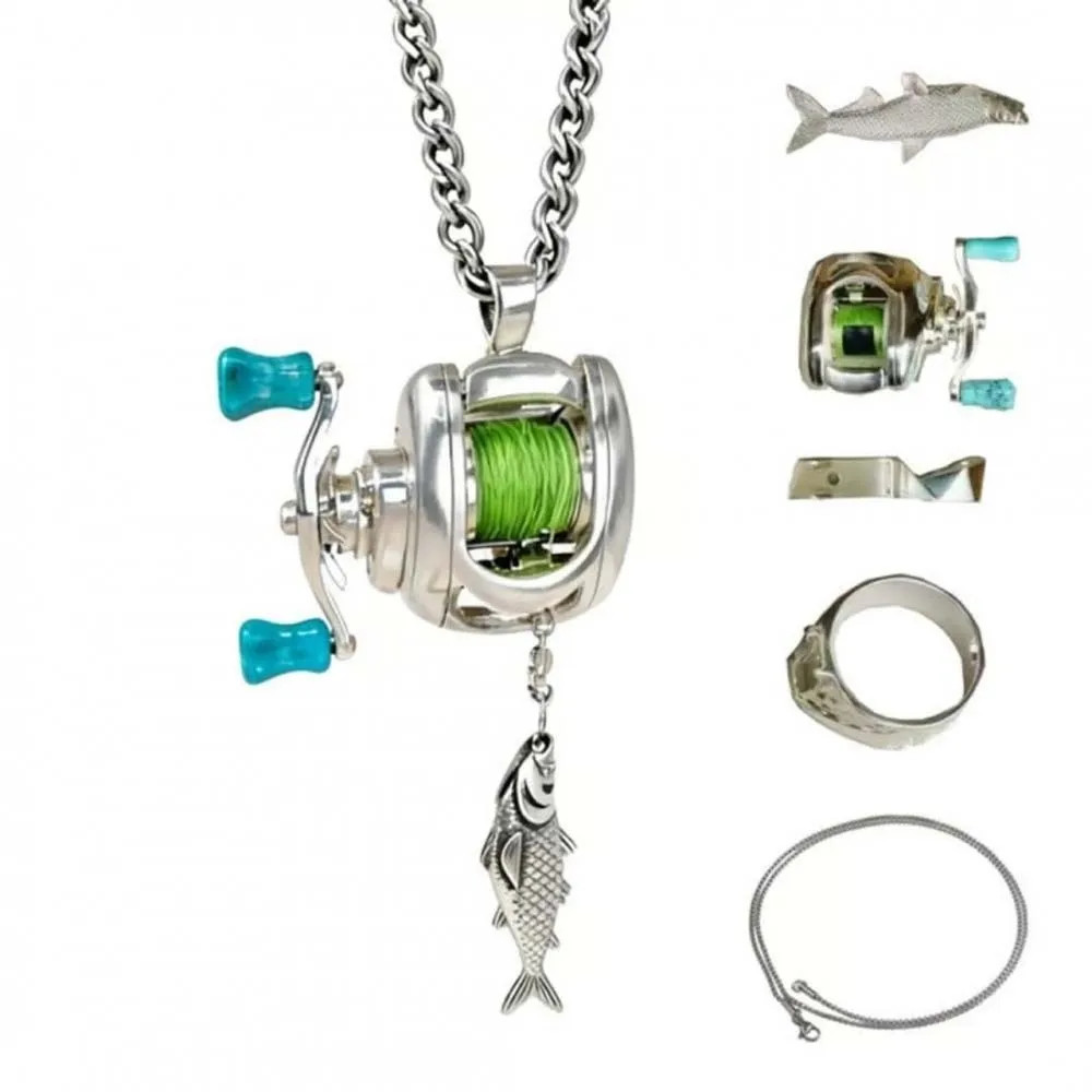 Silver Fishing Reel Necklace Mens Rotatable Detachable Pendant Unique Jewelry