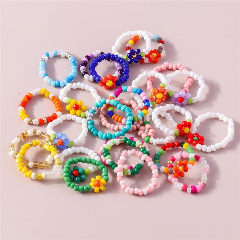 Bohemian Handmade Colorful Flower Beaded Ring Set for Women Beach Jewelry Gift