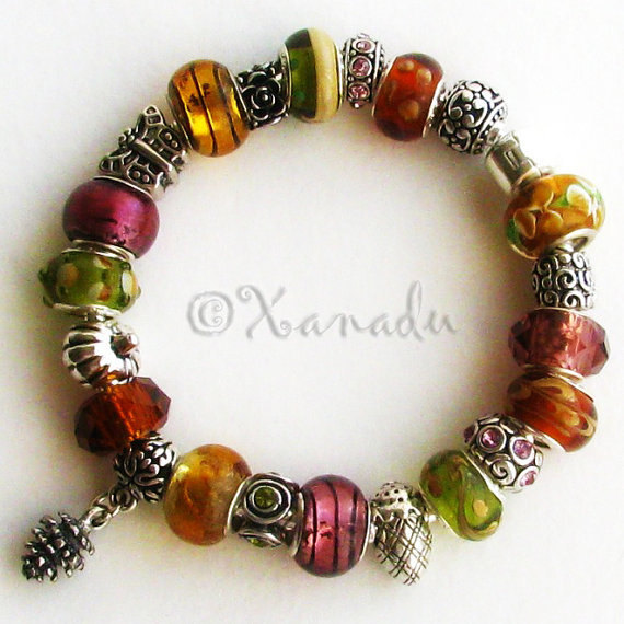 Autumn Treasures European Style Charm Bracelet – Gold Green Amber Fall Colors