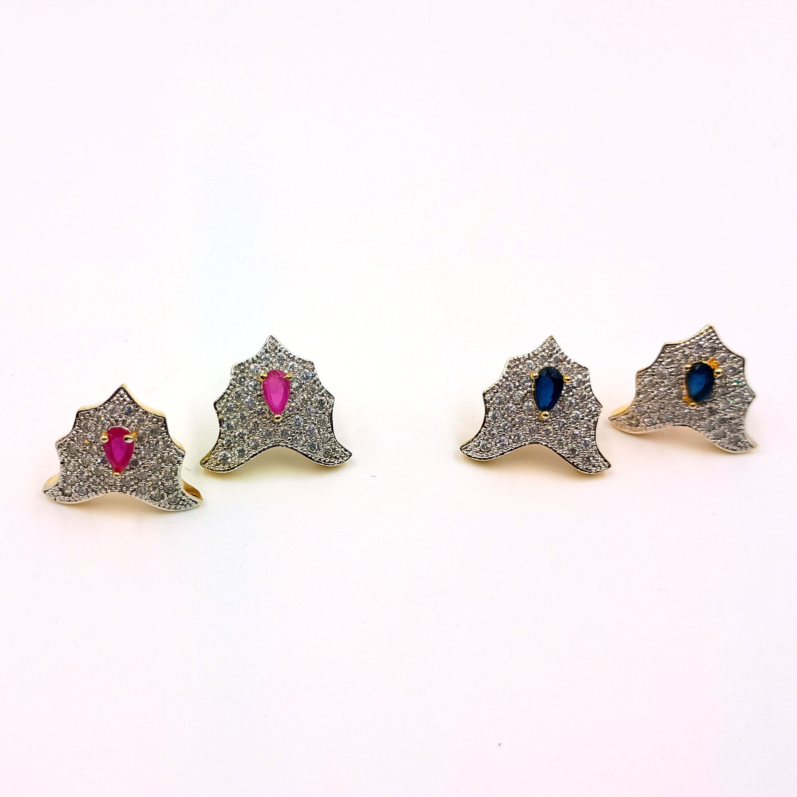 Ethnic South Indian CZ Stud Earrings Ruby Sapphire 22K Gold Plated Wedding