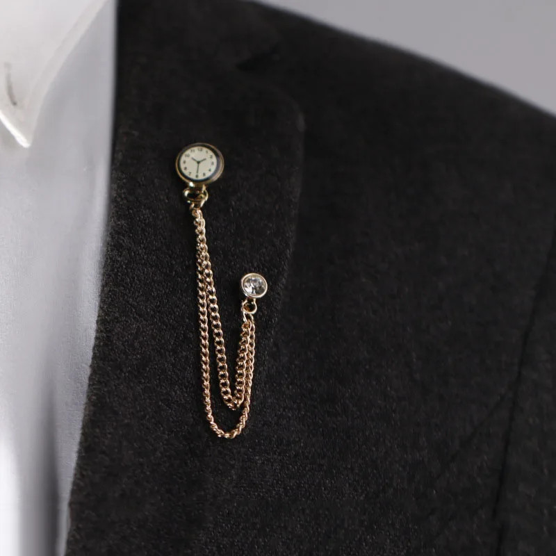 Men’s Vintage Clock Chain Brooch Gold Punk Pin Badge Suit Lapel Jewelry Gift