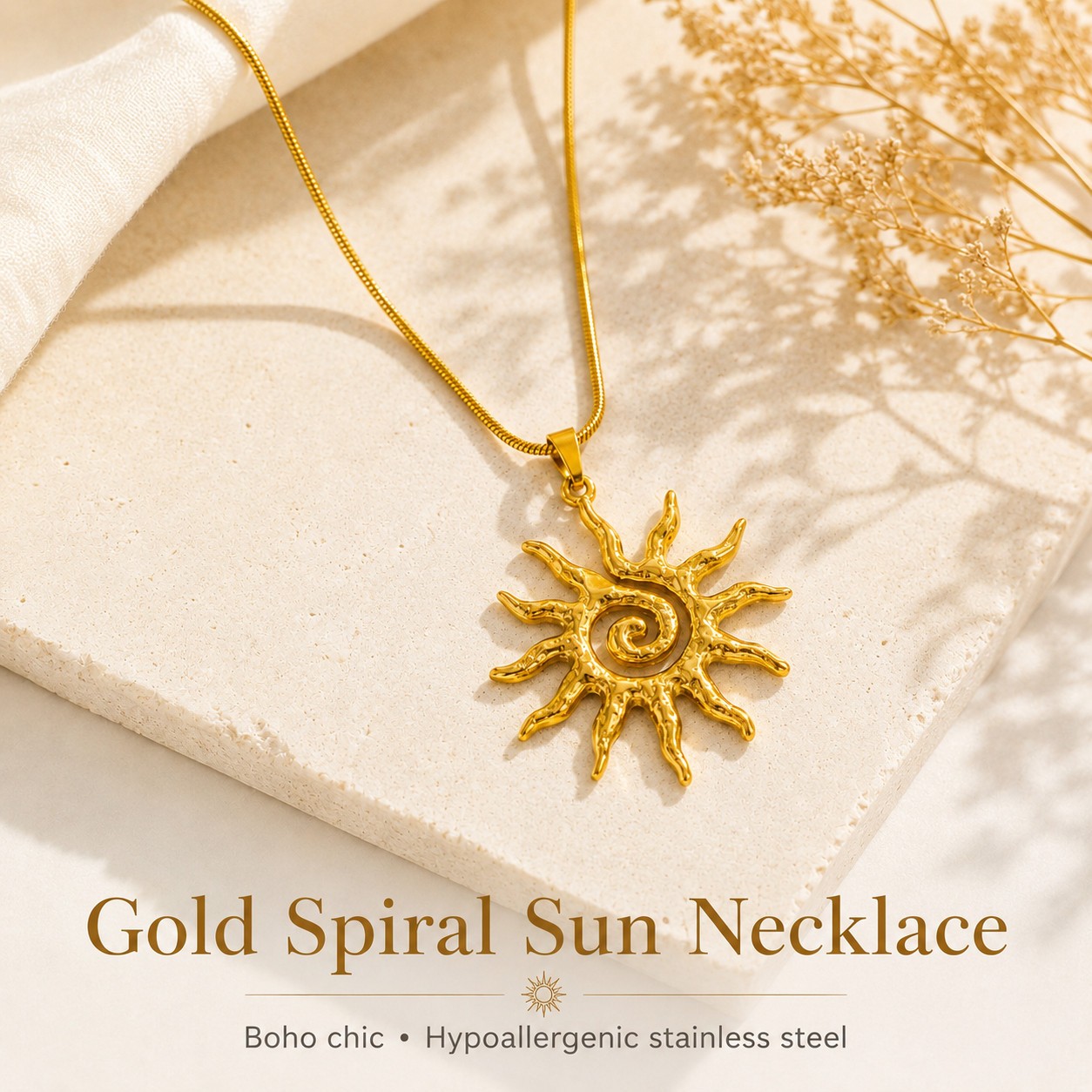 Gold Spiral Sun Necklace Stainless Steel Boho Celestial Pendant Women Jewelry