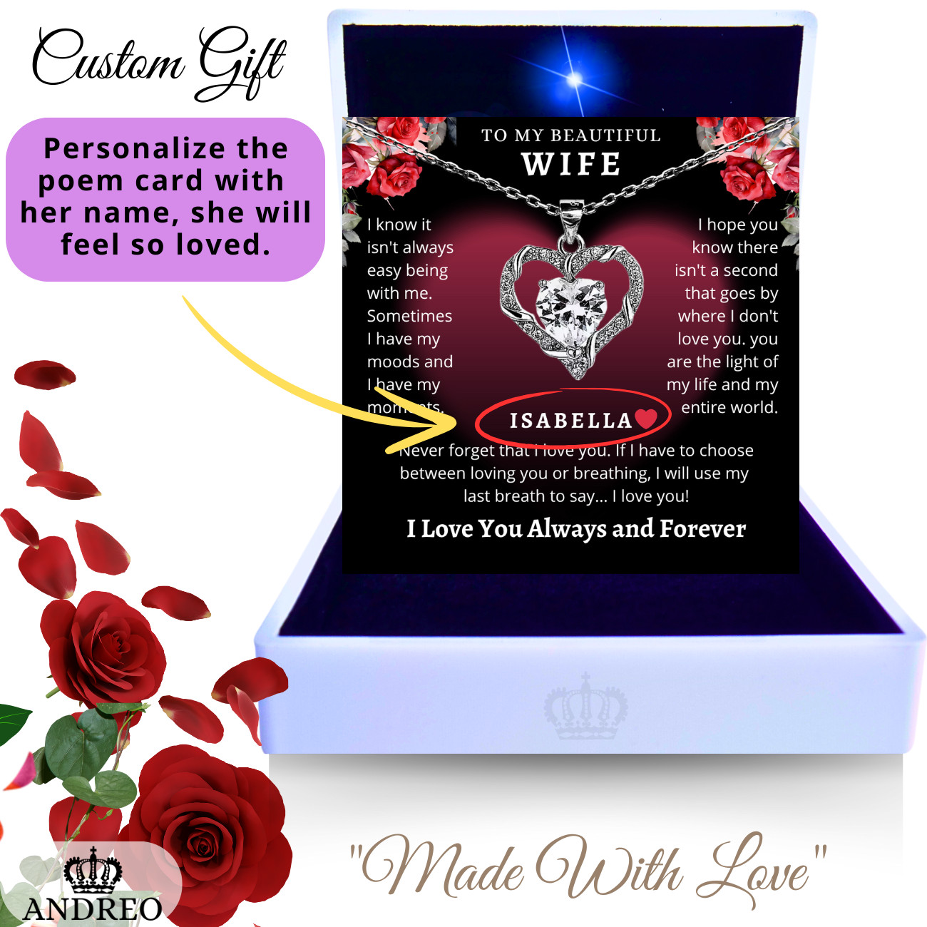Knot Heart CUSTOM Anniversary Birthday Gift Necklace Jewelry Wife Gifts ANDREO