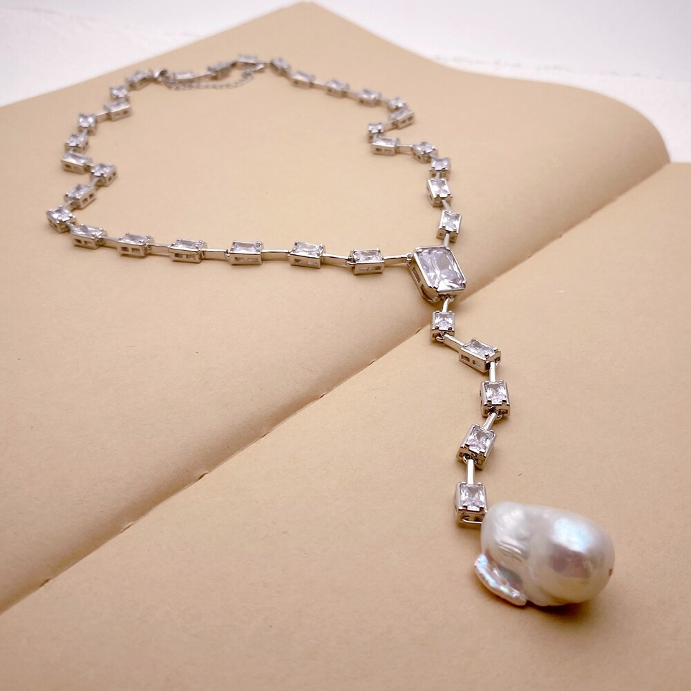 Rectangle Cubic Zirconia White Gold Plated Cultured White Keshi Pearl Necklace