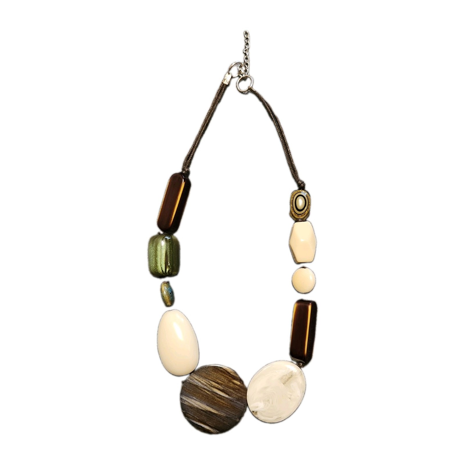 Chunky Mixed Resin Bead Statement Necklace Brown Cream Green Contemporary Boho