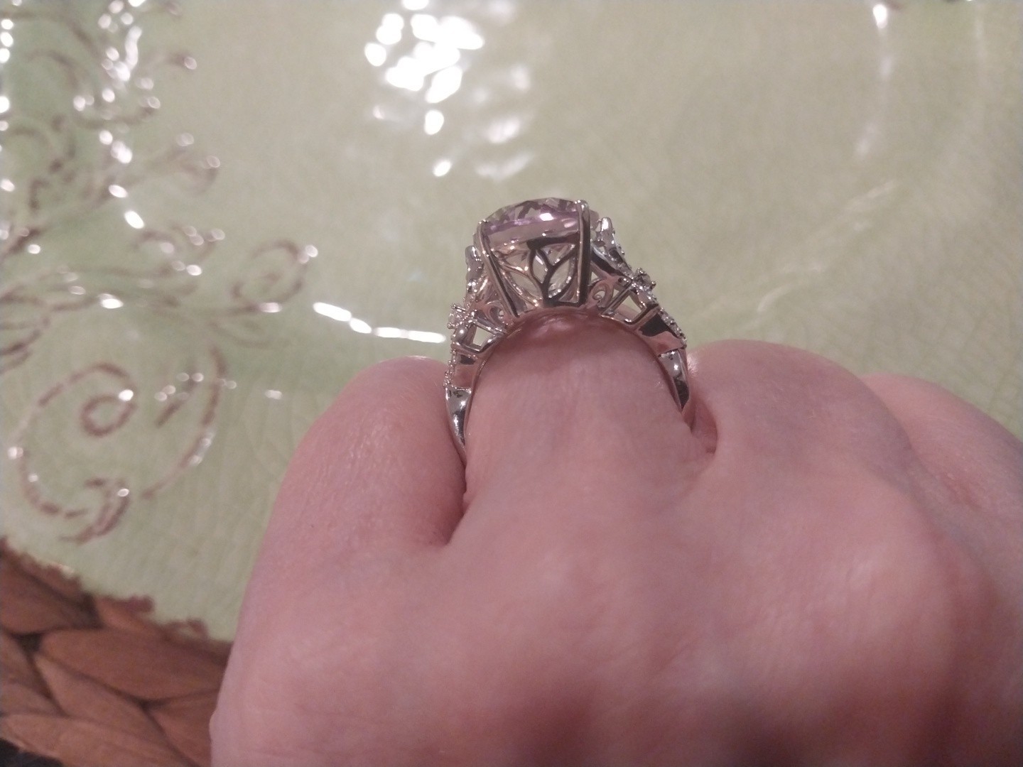 Karis Rose De France Amethyst, White Zircon Floral Rng PlatBond, sz 9, TCW= 9.70