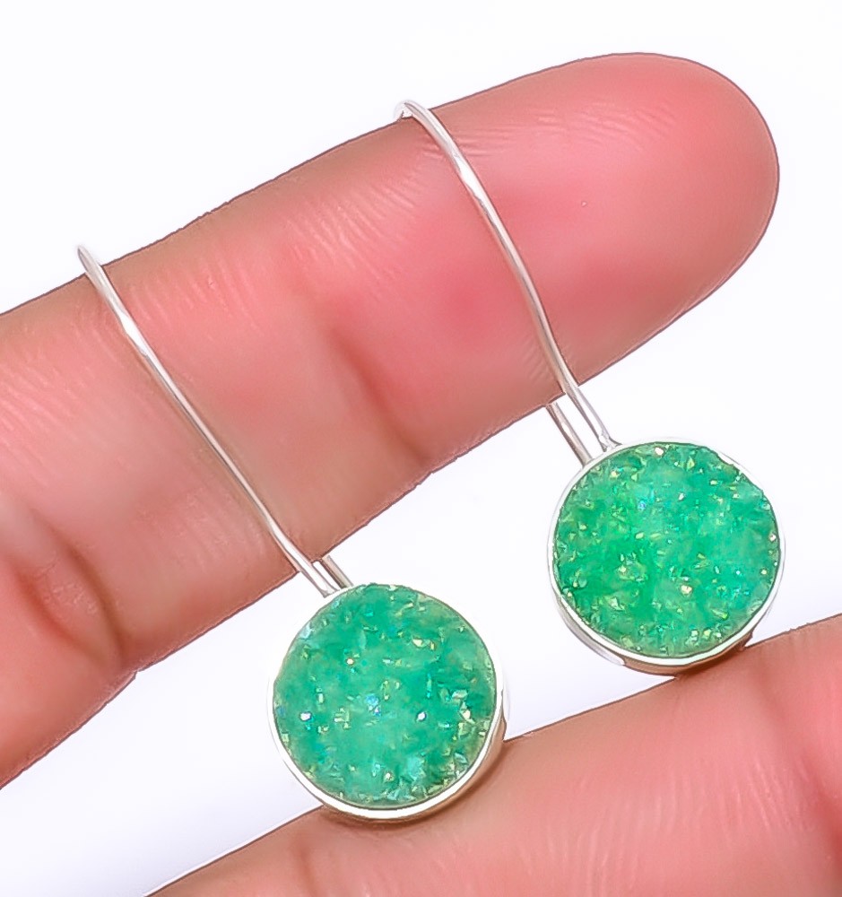 Titanium Green Agate Drusy Silver Handmade Jewelry Earring 1.37″ A331