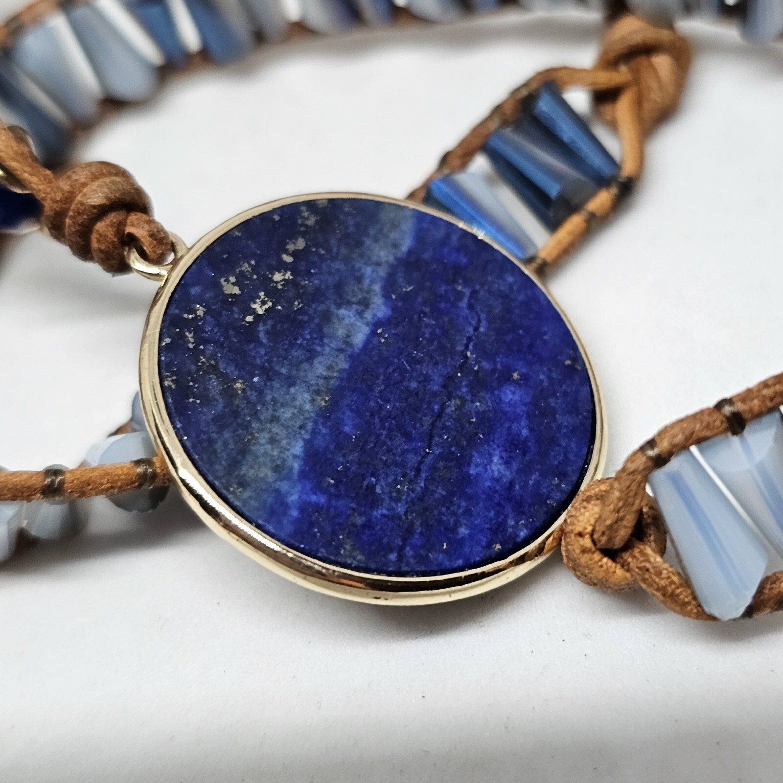 Blue Lapis Lazuli Tree of Life Bracelet Gold Crystal Braded Wrap Leather Boho