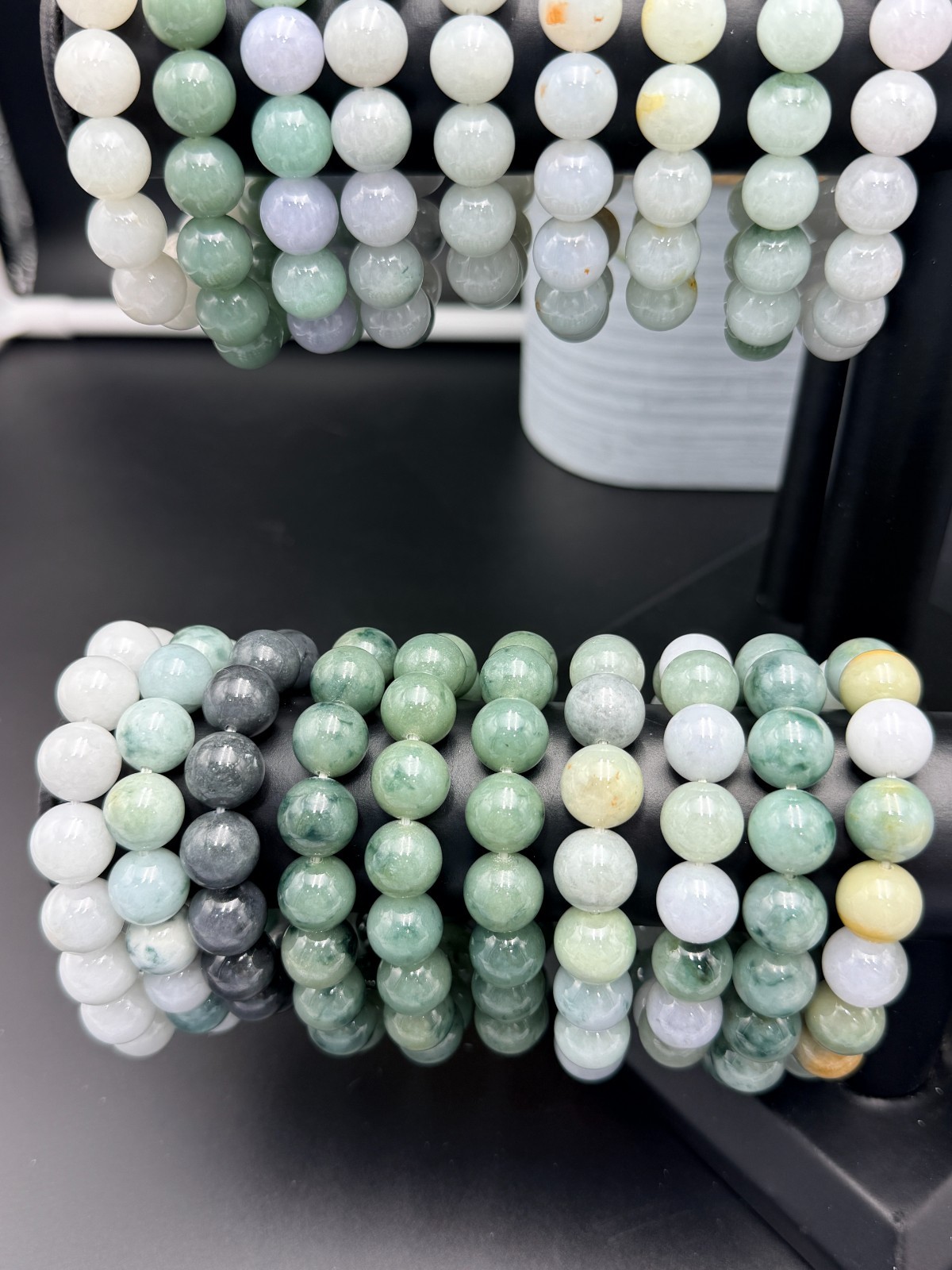 Certified Natural Jadeite Jade Beaded Bracelet Green Float FLWR 13.1 mm #100078